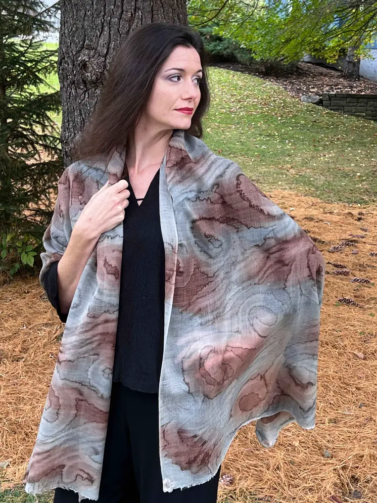 Hand Painted Grey and Rust Watercolor Wool & Silk Scarf
