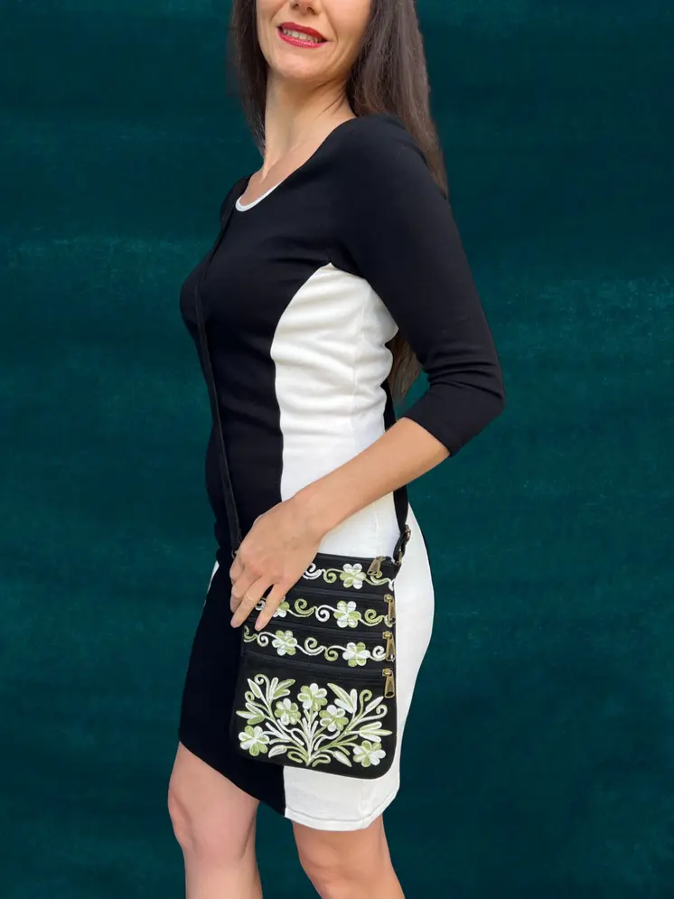 Sage And Black Suede Embroidered Crossbody Bag