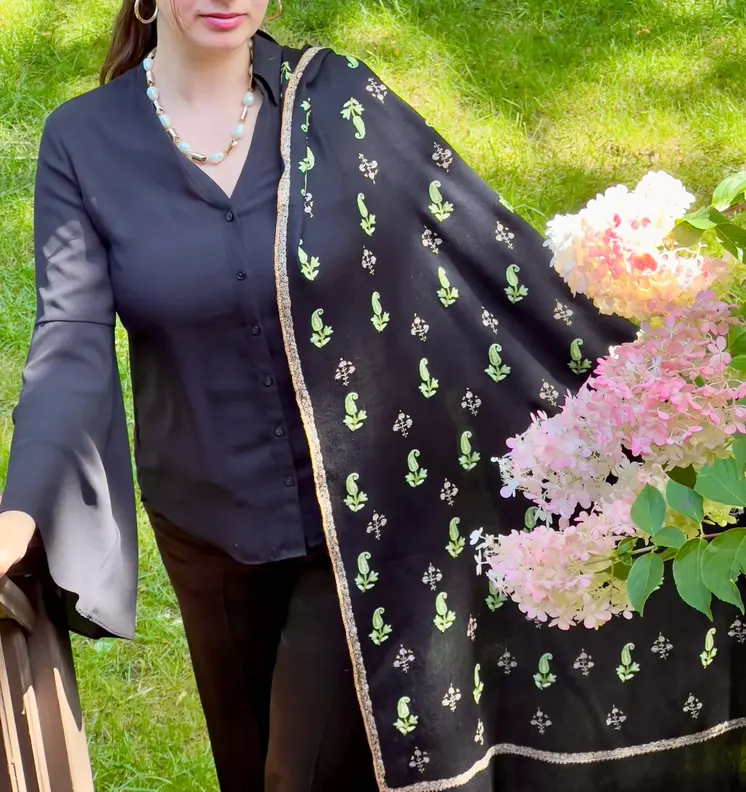 Limited Edition Black and Green Paisley Wool Shawl