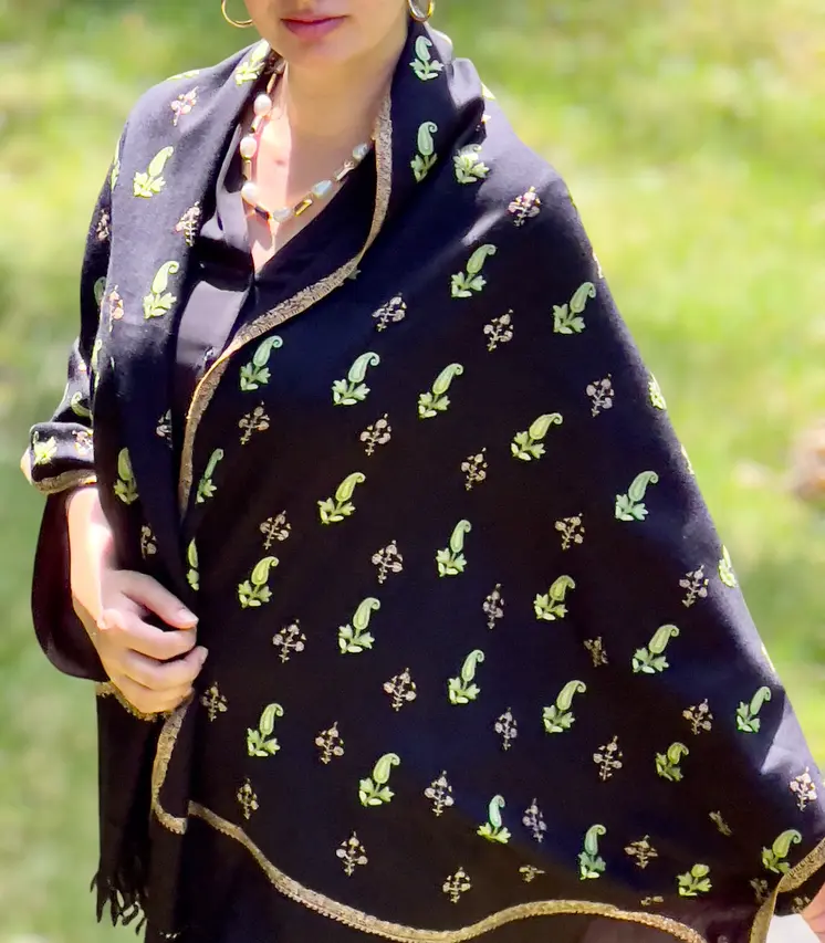 Limited Edition Black and Green Paisley Wool Shawl