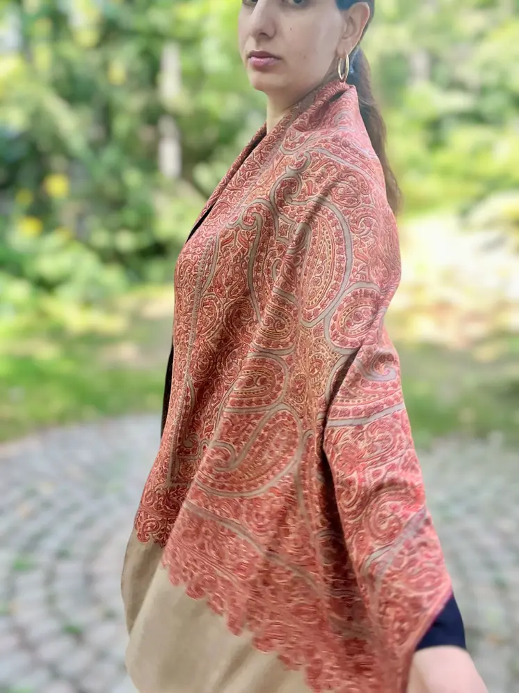 Limited Edition Beige Hand Embroidered Wool Shawl
