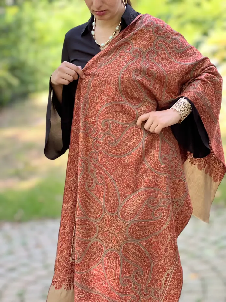 Limited Edition Beige Hand Embroidered Wool Shawl