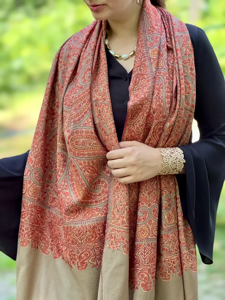 Limited Edition Beige Hand Embroidered Wool Shawl