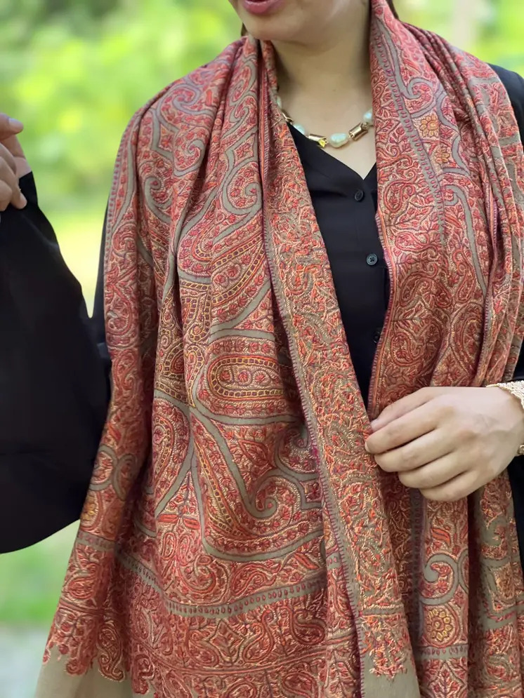 Limited Edition Beige Hand Embroidered Wool Shawl