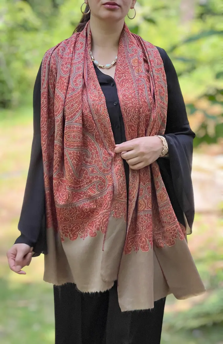 Limited Edition Beige Hand Embroidered Wool Shawl