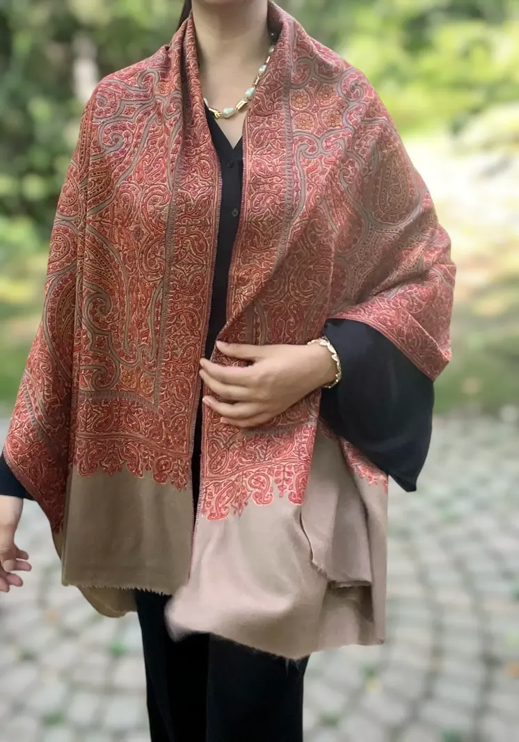Limited Edition Beige Hand Embroidered Wool Shawl