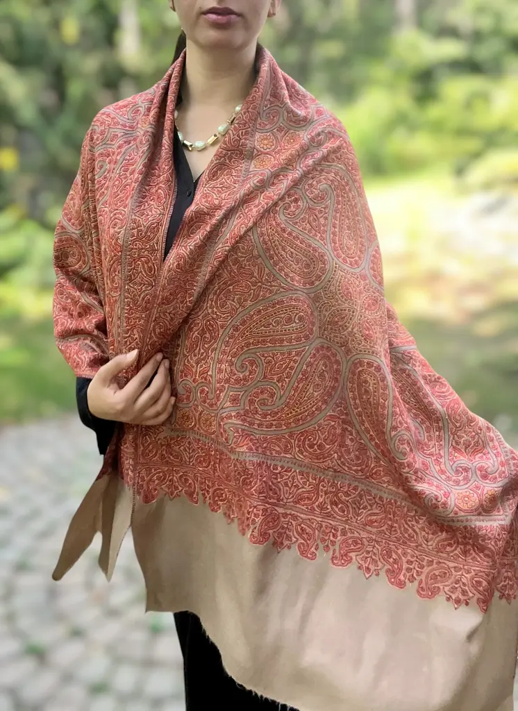 Limited Edition Beige Hand Embroidered Wool Shawl