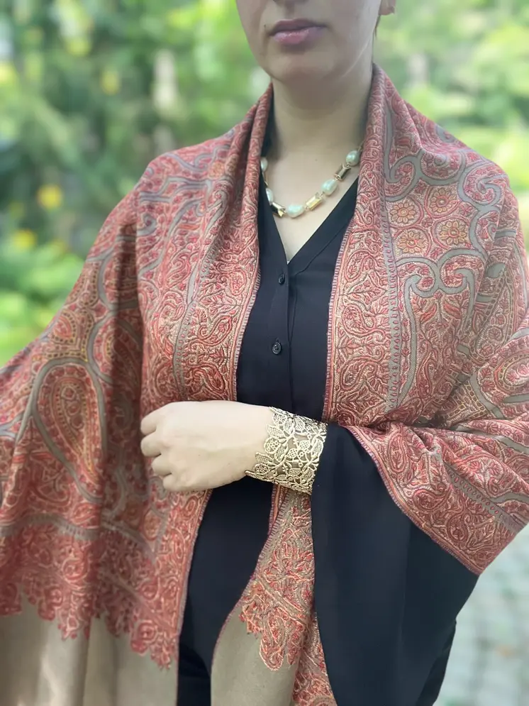 Limited Edition Beige Hand Embroidered Wool Shawl