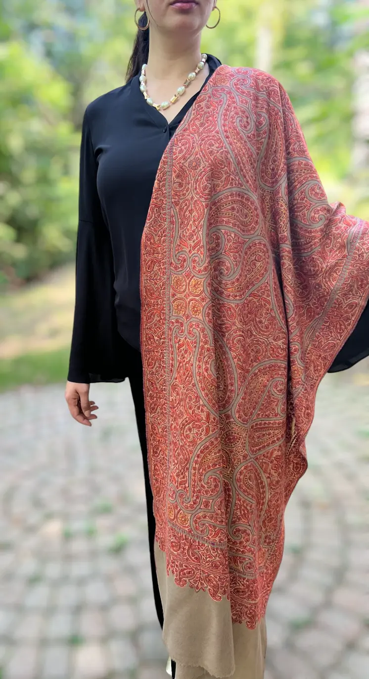 Limited Edition Beige Hand Embroidered Wool Shawl