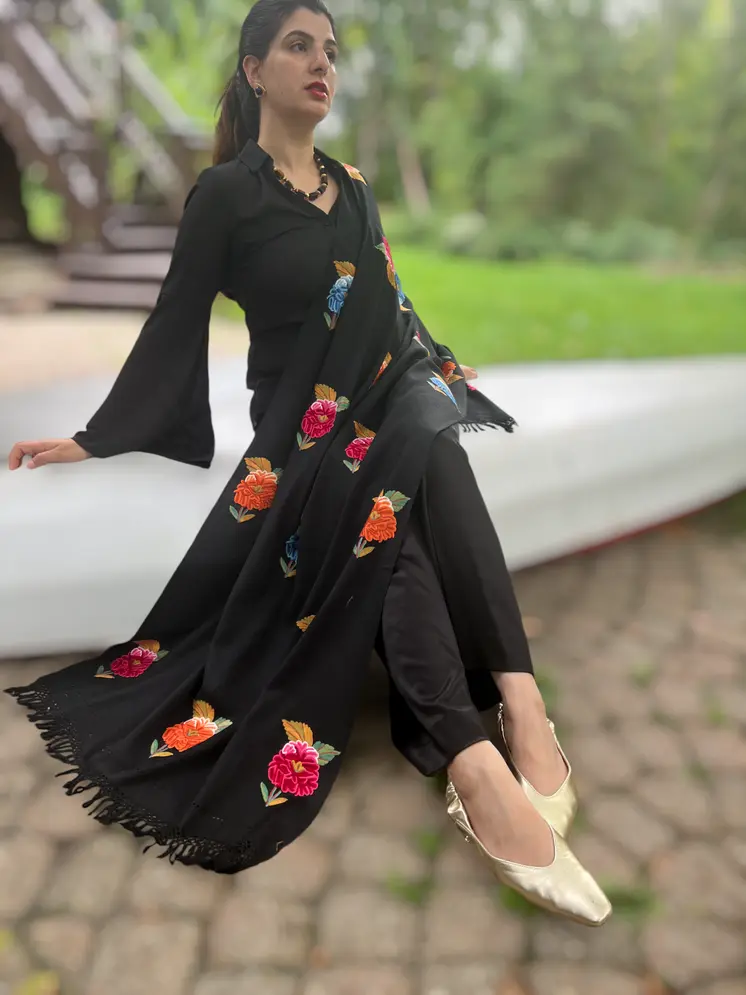 Limited Edition Solid Floral Hand Embroidered Wool Shawl