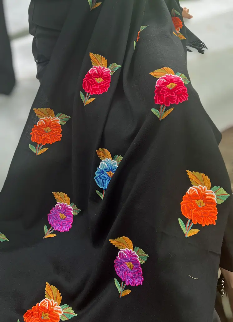 Limited Edition Solid Floral Hand Embroidered Wool Shawl