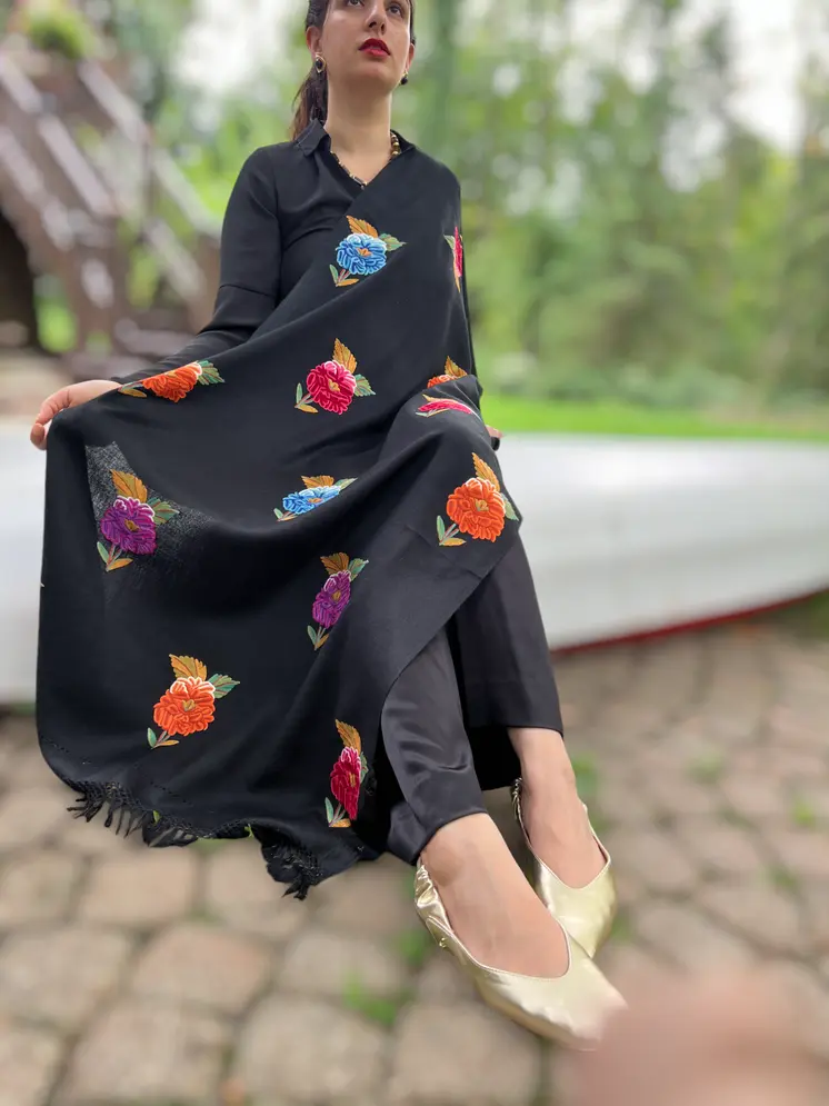 Limited Edition Solid Floral Hand Embroidered Wool Shawl