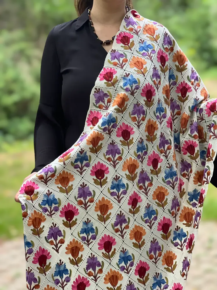 Limited Edition Hand Embroidered White Floral Wool Shawl
