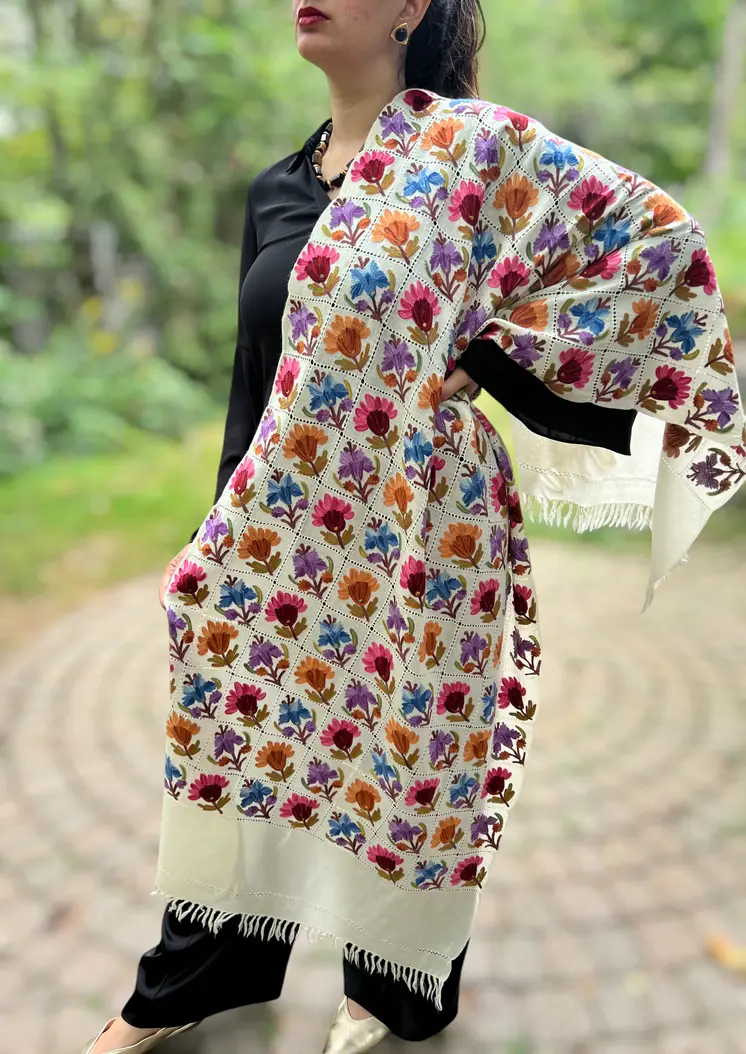 Limited Edition Hand Embroidered White Floral Wool Shawl