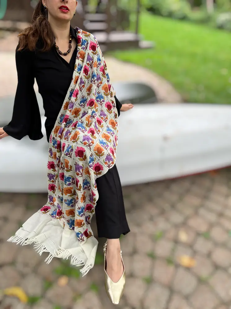 Limited Edition Hand Embroidered White Floral Wool Shawl