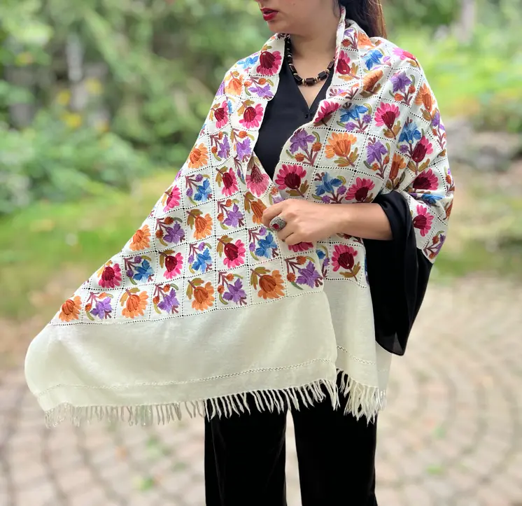 Limited Edition Hand Embroidered White Floral Wool Shawl