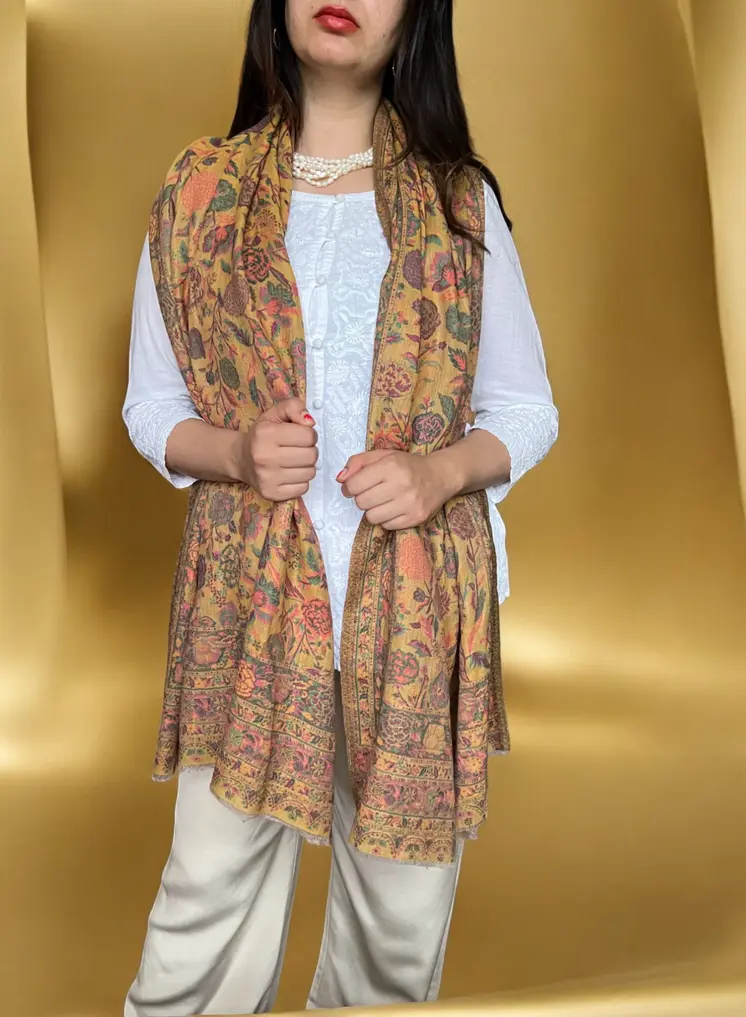 Yellow Fine Wool Kashmir Jamawar Pashmina