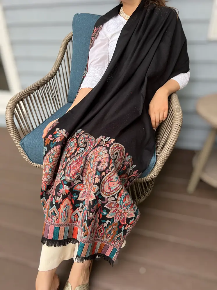 Black Wool Kashmir Jamawar Pashmina