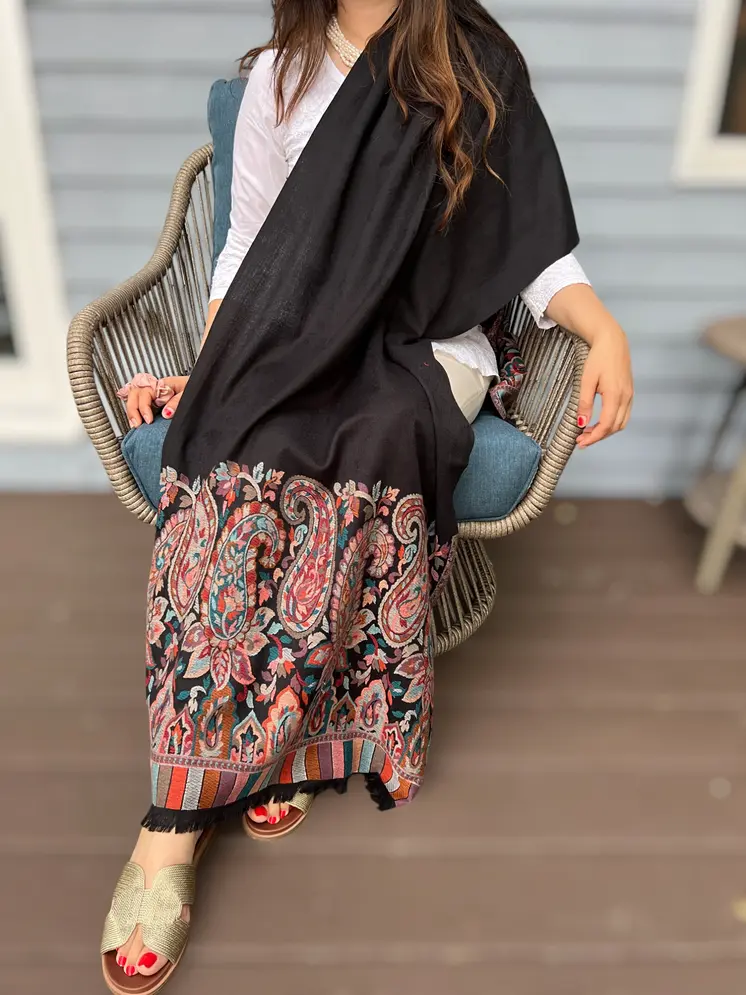 Black Wool Kashmir Jamawar Pashmina
