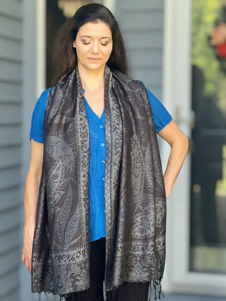 Black and Gray Modal Jamawar Pashmina Scarf