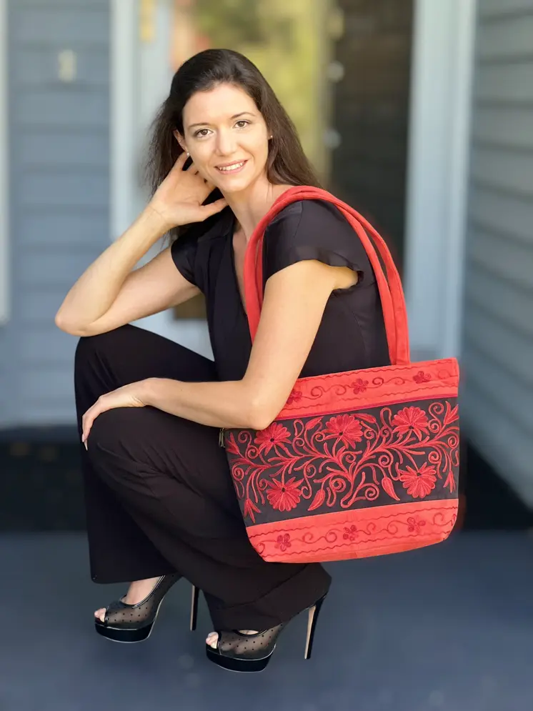 Handmade Red Suede Embroidered Tote Bag