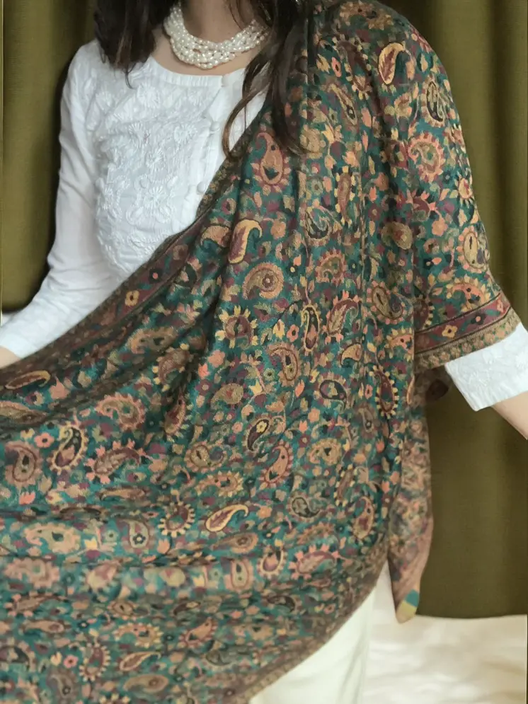 Green Fine Wool Kashmir Jamawar Pashmina