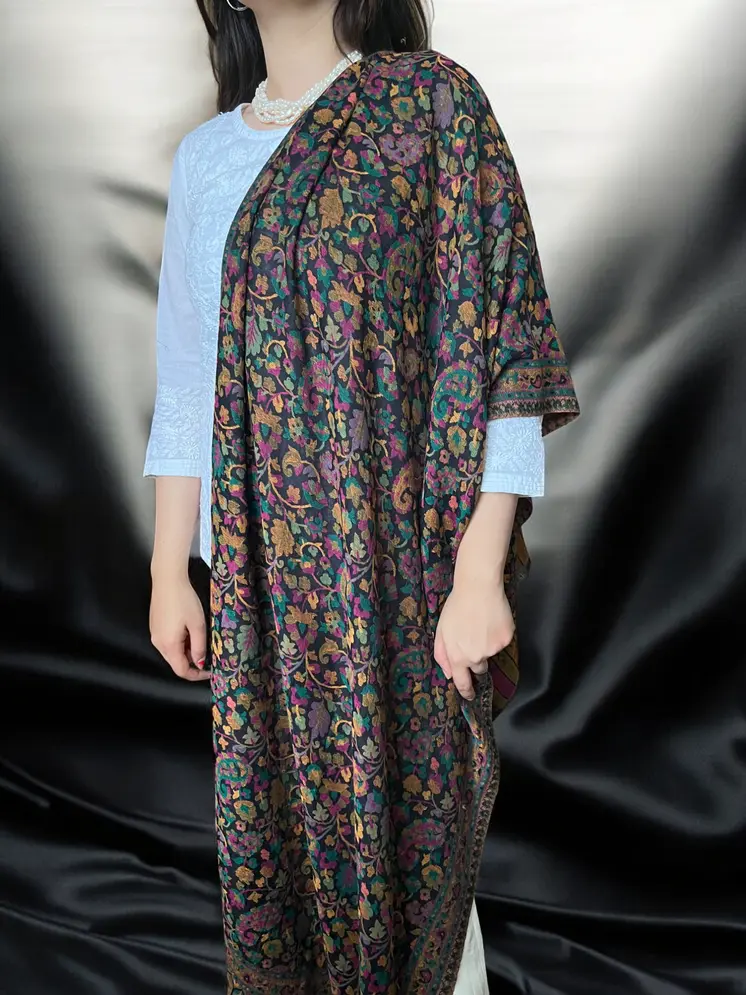 Black Fine Wool Kashmir Jamawar Pashmina