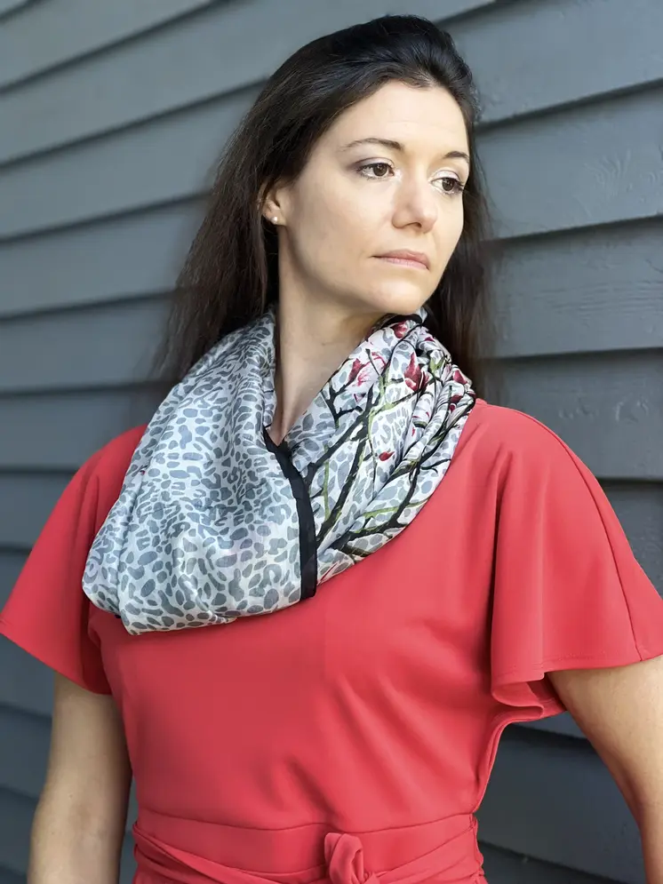 Gray and Black Silk Print Large Scarf