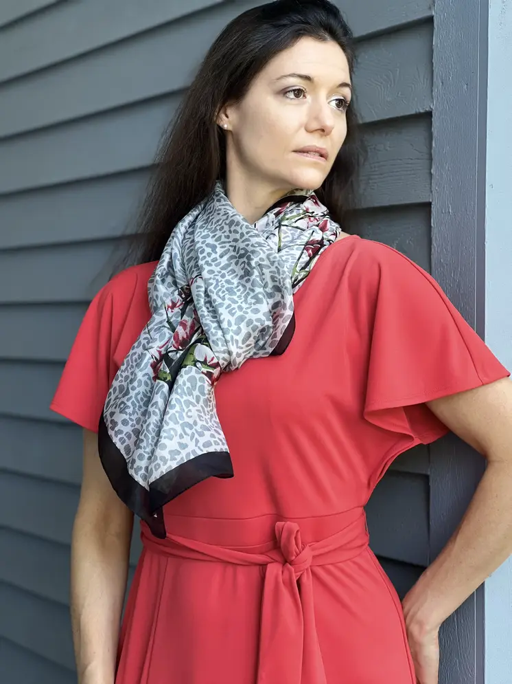 Gray and Black Silk Print Large Scarf