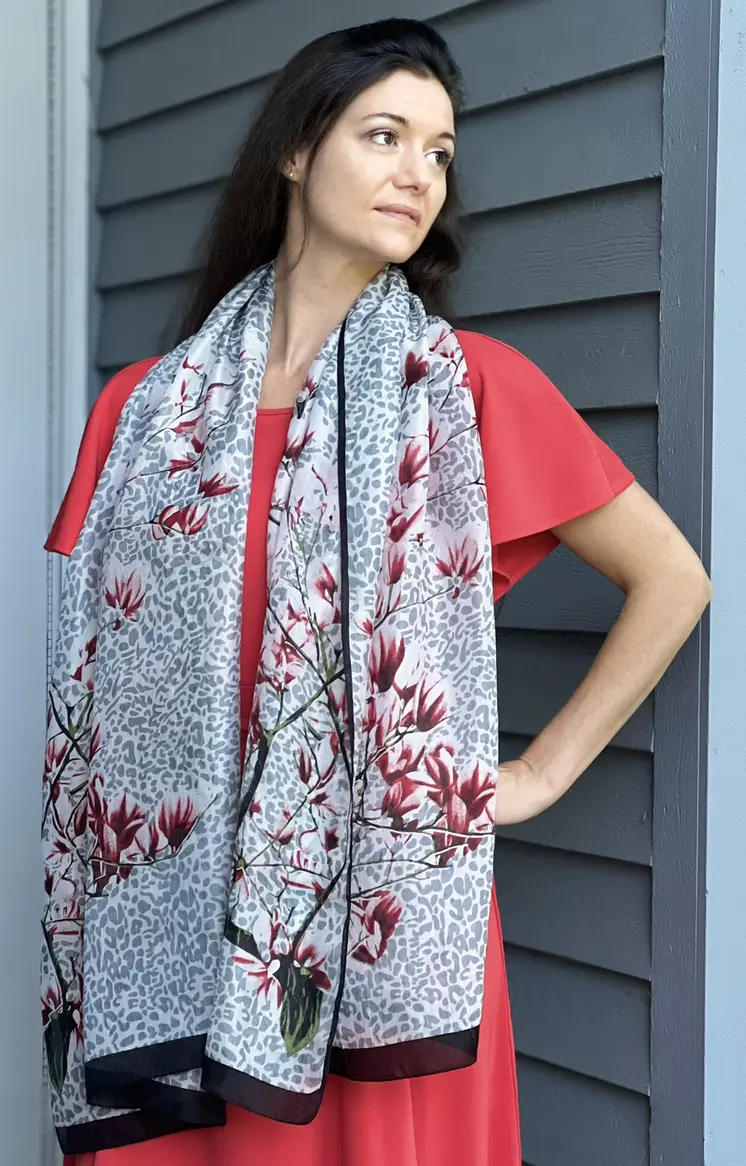 Gray and Black Silk Print Large Scarf