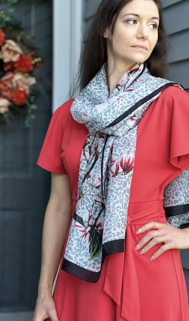 Gray and Black Silk Print Large Scarf
