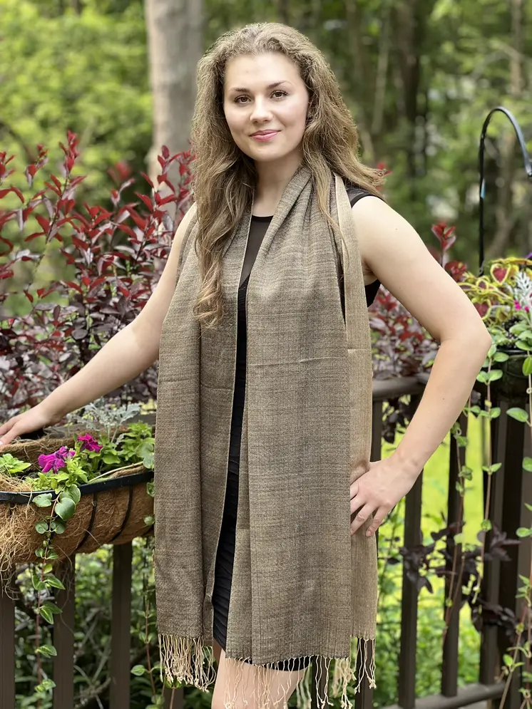 Gray and Beige Two Tone Wool & Silk Blend Scarf