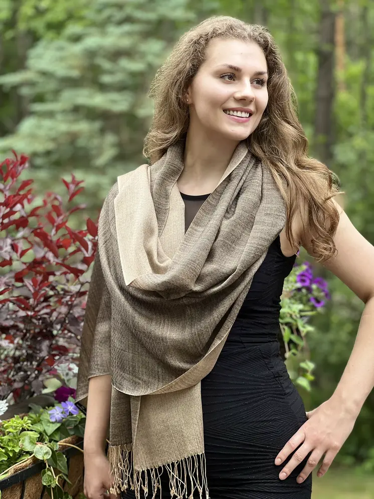 Gray and Beige Two Tone Wool & Silk Blend Scarf