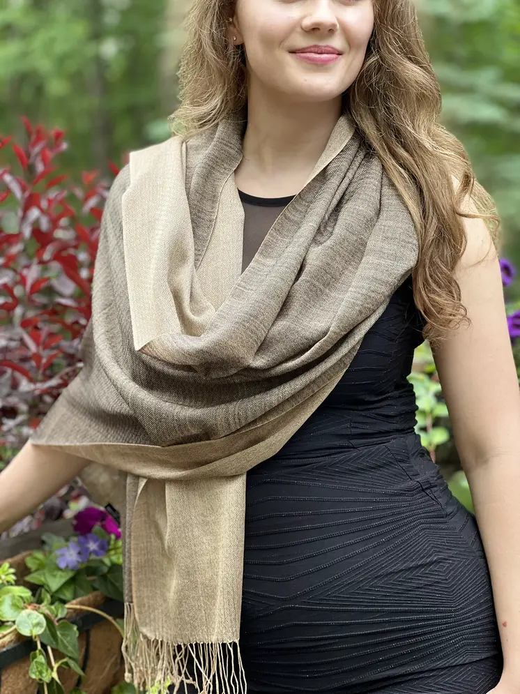 Gray and Beige Two Tone Wool & Silk Blend Scarf