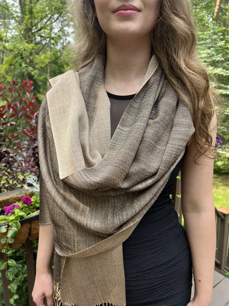 Gray and Beige Two Tone Wool & Silk Blend Scarf