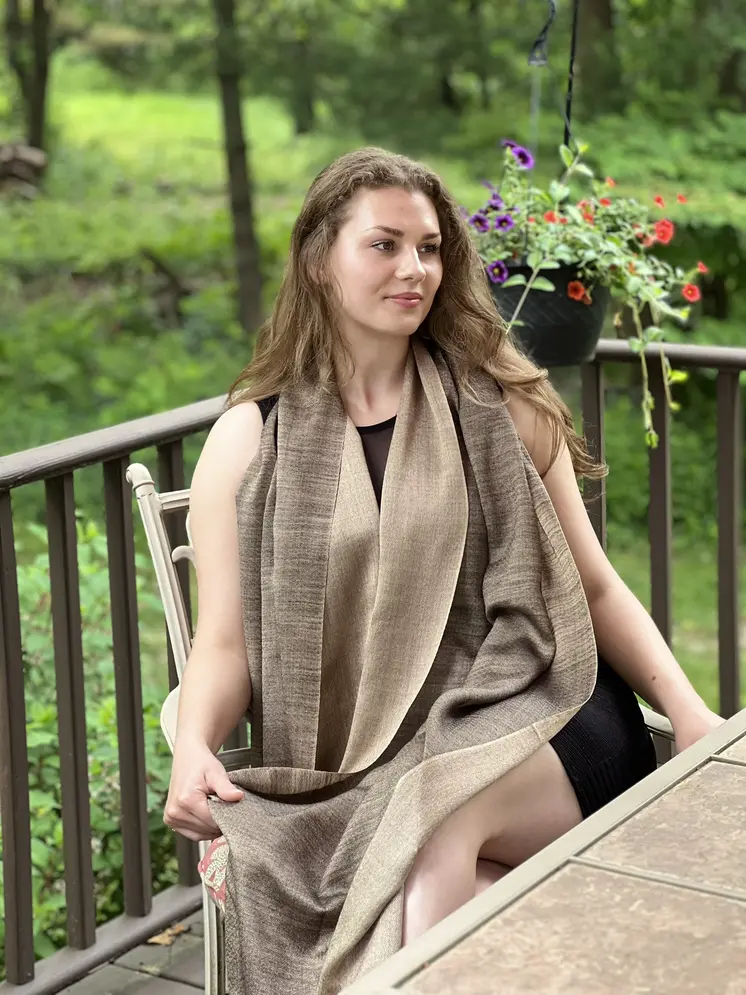 Gray and Beige Two Tone Wool & Silk Blend Scarf
