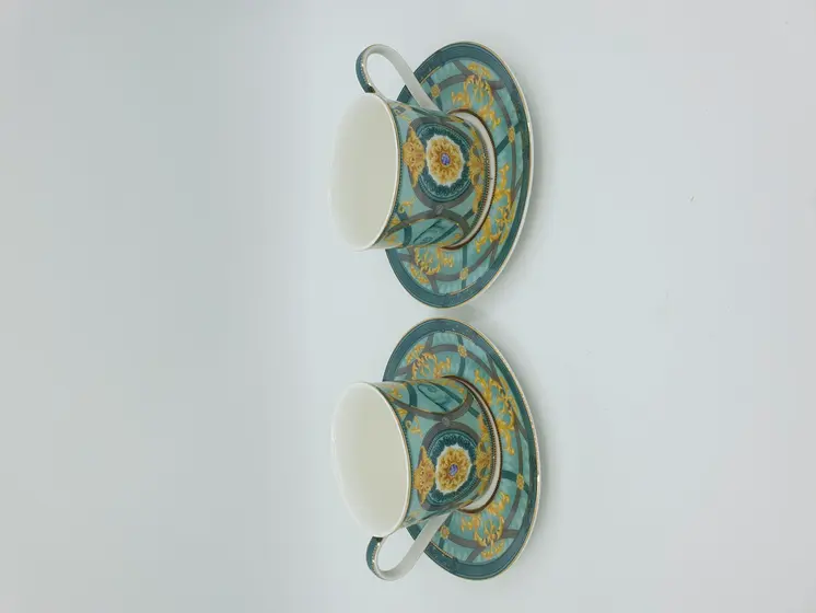 TEACUP & SAUCER SET, Green Coffee Cup, Handmade Vintage, Set of 6