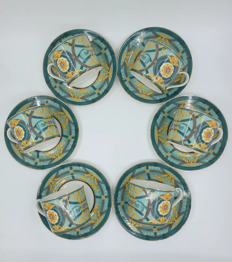 TEACUP & SAUCER SET, Green Coffee Cup, Handmade Vintage, Set of 6