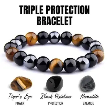 Triple Protection Bracelet: Tiger’s Eye, Black Obsidian & Hematite Beads Bracelet