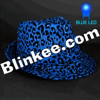Light Up Blue Leopard LED Flashing Fedora Hat with Blue Sequins