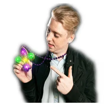 LED 3D Fleur De Lis Charm on Mardi Gras Beads Necklace