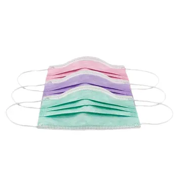 Disposable Daily Face Mask Assorted Pink Purple Green Pleated Pack of 48