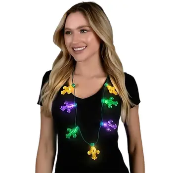 Mardi Gras Big Acrylic Fleur de Lis Bulbs LED Flashing String Charm Crewe Necklace