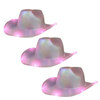 Light Up Glorious Luminous Sheen Metallic Cowboy Space Cowgirl Hat Pink LED Pack of 3