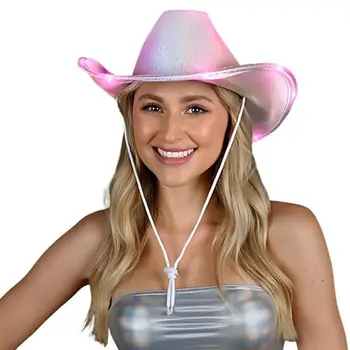 Light Up Glorious Luminous Sheen Metallic Cowboy Space Cowgirl Hat Pink LED