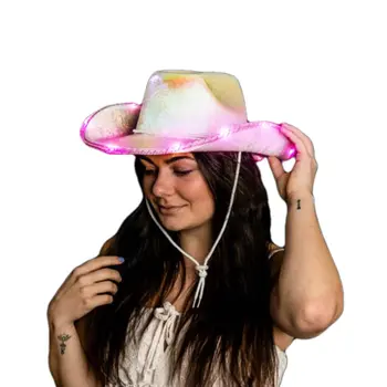 Light Up Glorious Luminous White Sheen Metallic Space Cowgirl Hat with Pink LEDs