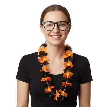 Light Up Halloween Hawaiian Flower Lei Black Orange
