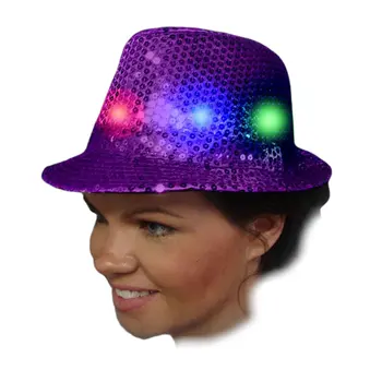 Light Up Flashing Purple Sequins Fedora with Multicolor LEDs Colors 2 Red 2 Green 2 Blue