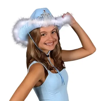 Royal Rodeo LED Velvet Pastel Blue Cowgirl Hat with Feather Brim and Tiara