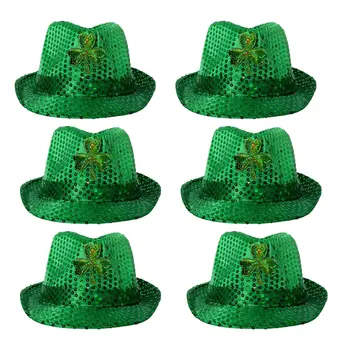 Pack of 6 LED Flashing Fedora Hat with Green Shamrock Sequins